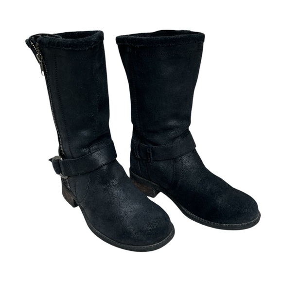 UGG Black Suede Leather Silvia Moto Boots w/ glossy Snake Print gusset. SZ. 6 - Picture 3 of 10